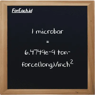 1 microbar is equivalent to 6.4749e-9 ton-force(long)/inch<sup>2</sup> (1 µbar is equivalent to 6.4749e-9 LT f/in<sup>2</sup>)